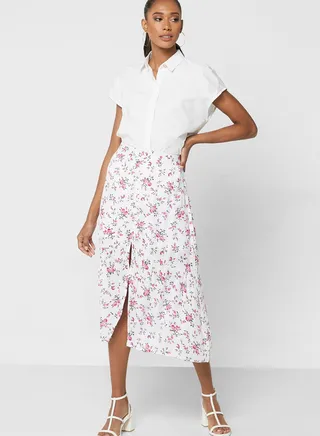 Button Detail Printed Skirt