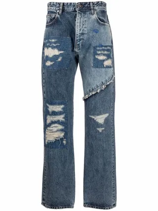 Distressed-Finish Straight-Leg Jeans