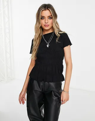 Topshop shirred ruched tee in black