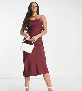 ASOS DESIGN Tall scoop neck satin midi slip dress with tie waist detail in berry