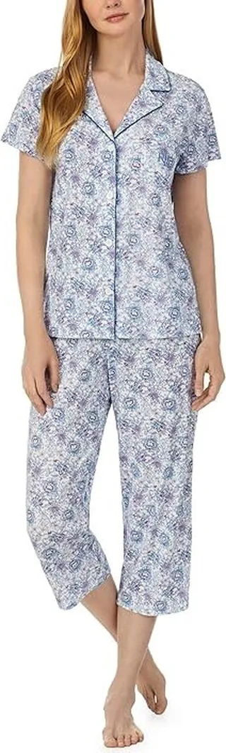 LAUREN Ralph Lauren Knit Short Sleeve Cropped PJ Set (White Floral) Women's Pajama Sets