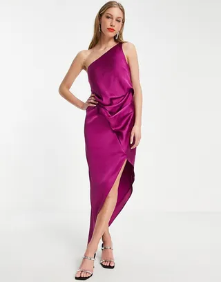 ASOS DESIGN satin one shoulder drape midi dress in mauve