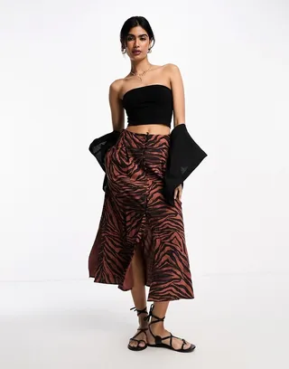 ASOS DESIGN button through midi skirt with slit in dark zebra print