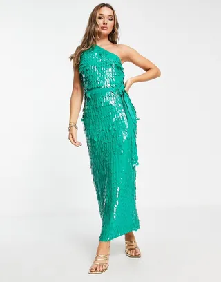 ASOS DESIGN all over feather embellished maxi dress in green