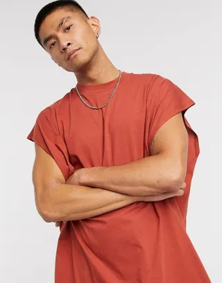 ASOS DESIGN extreme oversized longline lightweight sleeveless T-shirt in burnt red