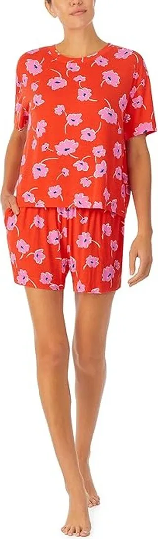 Sanctuary Short Sleeve Boxy Tee Boxer PJ Set (Red Floral) Women's Pajama Sets