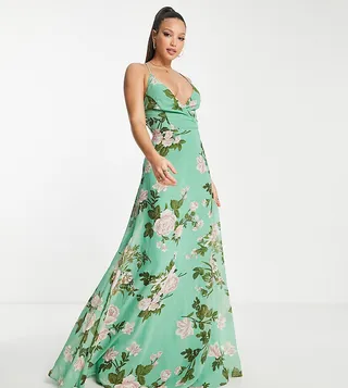 ASOS DESIGN Tall cami wrap maxi dress with lace up back in sage floral