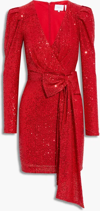 Wrap-effect bow-embellished sequined stretch-mesh mini dress
