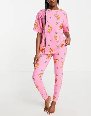 ASOS DESIGN Christmas reindeer oversized tee & legging pajama set in pink