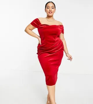 ASOS DESIGN Curve drape bardot corset velvet pencil midi dress in red