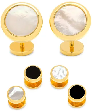3-Piece Ox And Bull Trading Co. Double Sided Gold Mother Of Pearl Round Beveled Stud Set