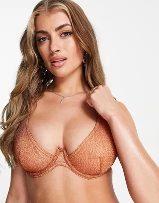 ASOS DESIGN Fuller Bust mix and match step front underwire bikini top in rust glitter dd-g