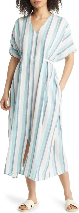 Stripe Tie Back Linen Blend Midi Caftan