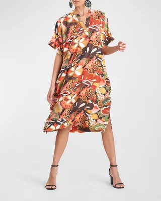 Ikebana Floral-Print Silk Twill Kaftan Dress