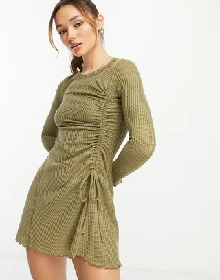 ASOS DESIGN waffle mini dress with ruched side detail in khaki