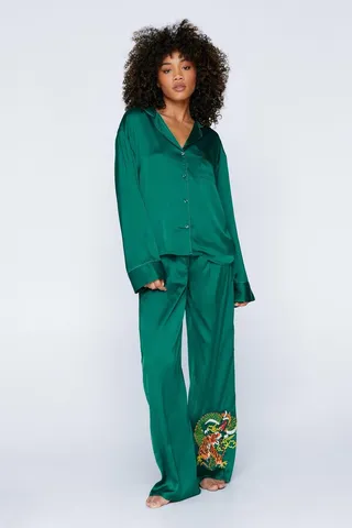 Nasty Gal Womens Embroidered Dragon Shirt & Pants Pajama Set