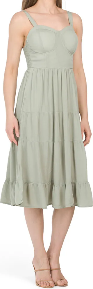 Bustier Tiered Midi Dress With Bra Cups
