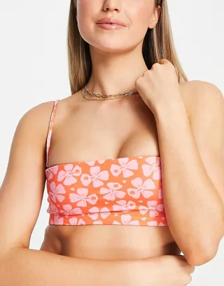Monki bandeau bikini top in pink hawaiian floral