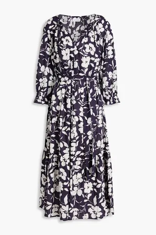 Gathered belted floral-print cotton midi dress