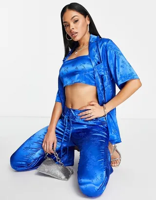ASOS DESIGN bowling shirt in cobalt satin jacquard - part of a set