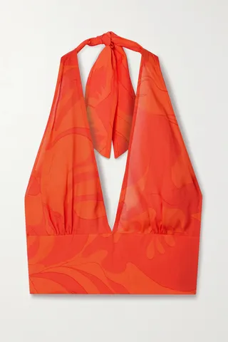 Etro - Cropped Printed Crepe Halterneck Top - Orange