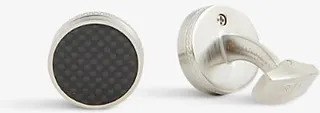 Mens Black Silver Round Swivel Carbon and Steel Cufflinks