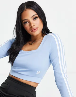 adidas Originals adicolor three stripe long sleeve top in blue with square neck