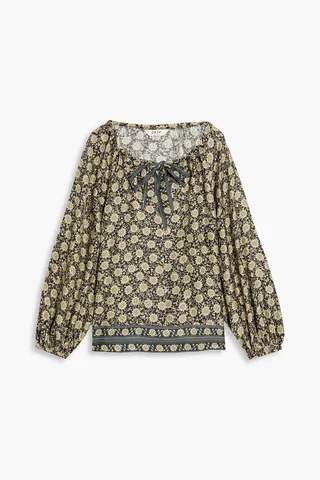 Tie-front gathered printed silk-twill blouse