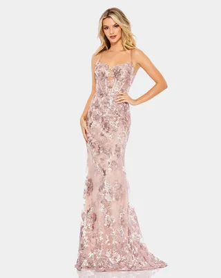Embroidered Spaghetti Strap Trumpet Gown