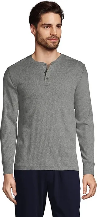 Lands' End Men's Knit Rib Pajama Henley - Large - Pewter Heather