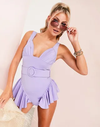ASOS LUXE frill hem high leg swimsuit with belt in lilac