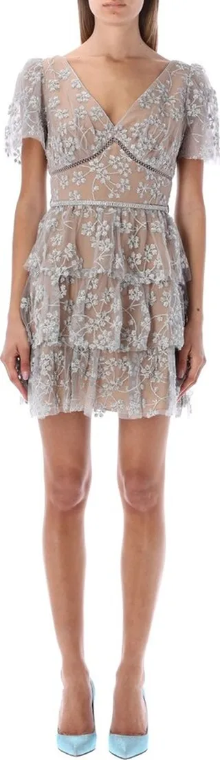 Self-Portrait Floral Embroidered Tiered Mini Dress