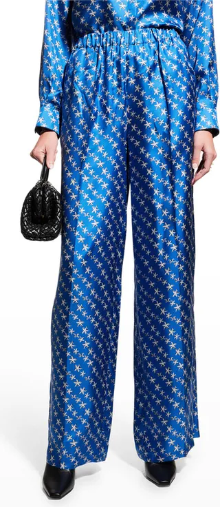 Anversa Starfish-Print Wide-Leg Silk Pull-On Pants