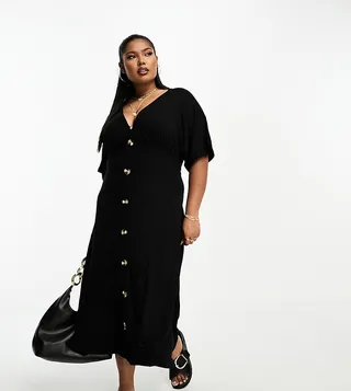 ASOS DESIGN Curve flutter sleeve midi tea dress with buttons in black