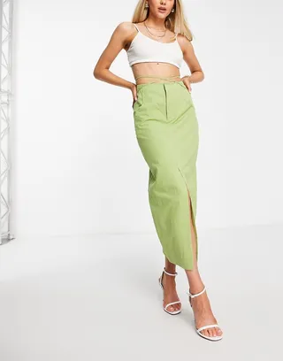 Ghospell tie waist midi skirt in olive green