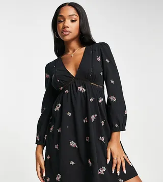 ASOS DESIGN long sleeve mini dress with ladder trim detail and floral embroidery in black