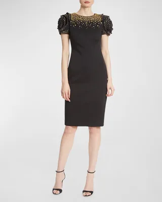 Studded Rosette-Sleeve Scuba Dress