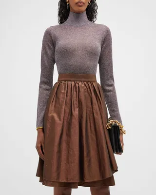 Metallic Embroidered-Cuff Turtleneck
