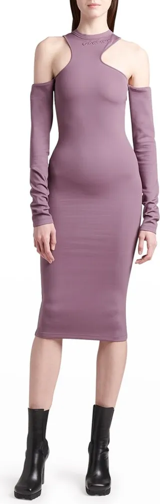 Asymmetric Logo-Embossed Cold-Shoulder Midi Dress