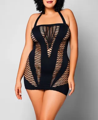 iCollection Women's Bristle 1 Piece Queen Sheer Shredded Halter Chemise in Hosiery Fabric