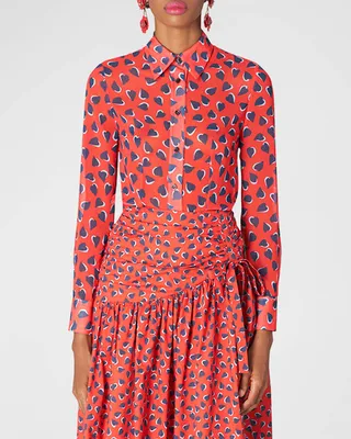 Heart-Print Chiffon Button-Down Shirt