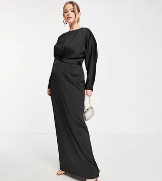 ASOS DESIGN Curve satin maxi dress with batwing sleeve and wrap waist in Black