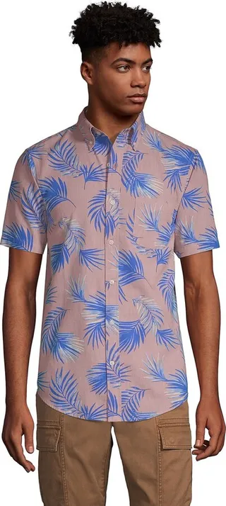 Lands' End Men's Short Sleeve Button Down Chambray Traditional Fit Shirt - Large - Pink Chambray Palms