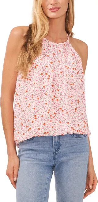 CeCe Women's Pleated Neckline Printed Halter Tank Top