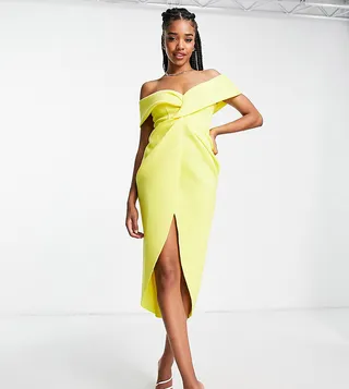 ASOS DESIGN Tall off shoulder twist front wrap midi pencil dress in lemon