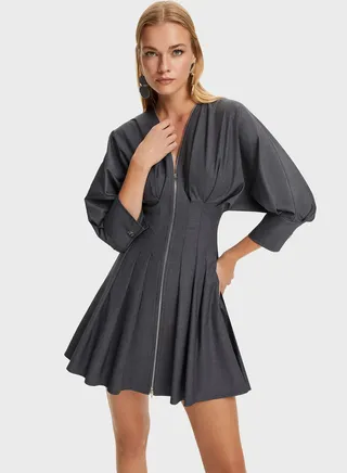 Zip Detail Pleated Dress