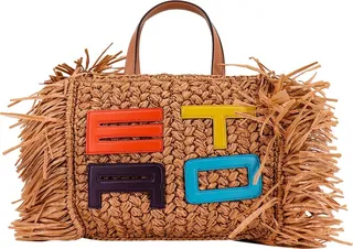 Rafia handbag with multicolor leather logo