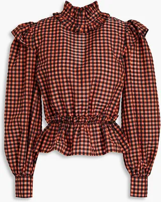 Gathered metallic gingham seersucker shirt