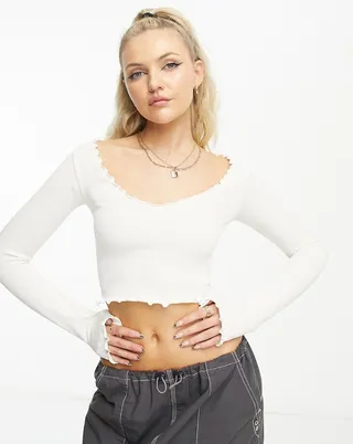 Stradivarius STR seamless wide neck top with lettuce hem in ecru