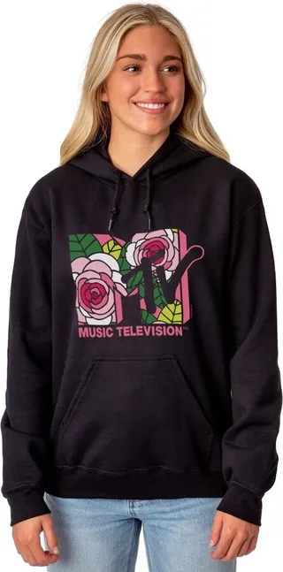 MTV Adult Music Television Beach Rose '80s Sweatshirt Hoodie Pullover (XXXL) Black